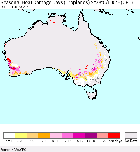 Australia Seasonal Heat Damage Days (Croplands) >=38°C/100°F (CPC) Thematic Map For 10/1/2023 - 2/20/2024