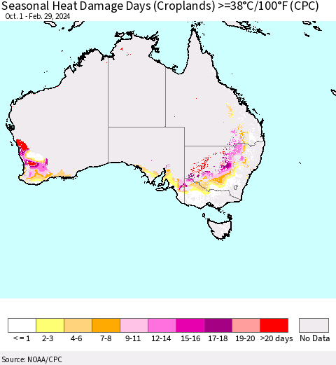 Australia Seasonal Heat Damage Days (Croplands) >=38°C/100°F (CPC) Thematic Map For 10/1/2023 - 2/29/2024
