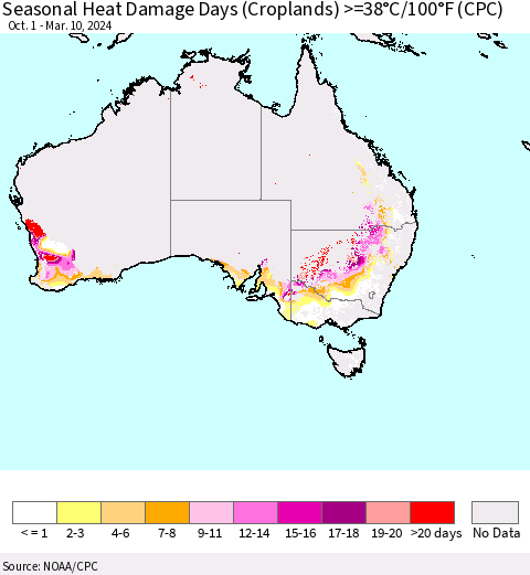 Australia Seasonal Heat Damage Days (Croplands) >=38°C/100°F (CPC) Thematic Map For 10/1/2023 - 3/10/2024
