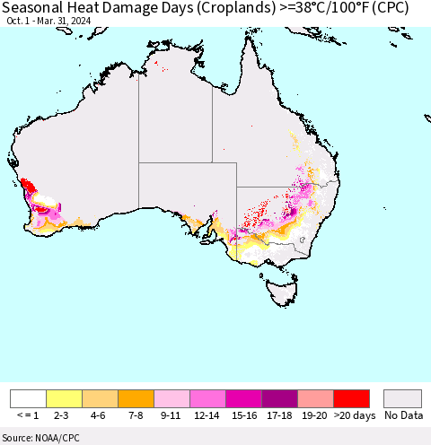 Australia Seasonal Heat Damage Days (Croplands) >=38°C/100°F (CPC) Thematic Map For 10/1/2023 - 3/31/2024