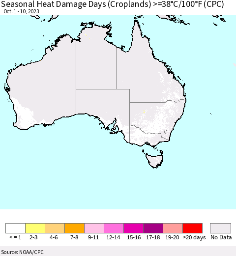 Australia Seasonal Heat Damage Days (Croplands) >=38°C/100°F (CPC) Thematic Map For 10/1/2023 - 10/10/2023