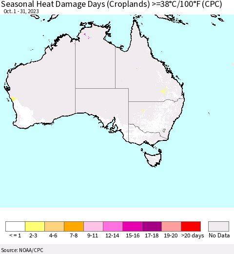 Australia Seasonal Heat Damage Days (Croplands) >=38°C/100°F (CPC) Thematic Map For 10/1/2023 - 10/31/2023