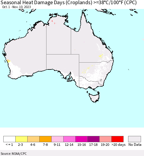 Australia Seasonal Heat Damage Days (Croplands) >=38°C/100°F (CPC) Thematic Map For 10/1/2023 - 11/10/2023