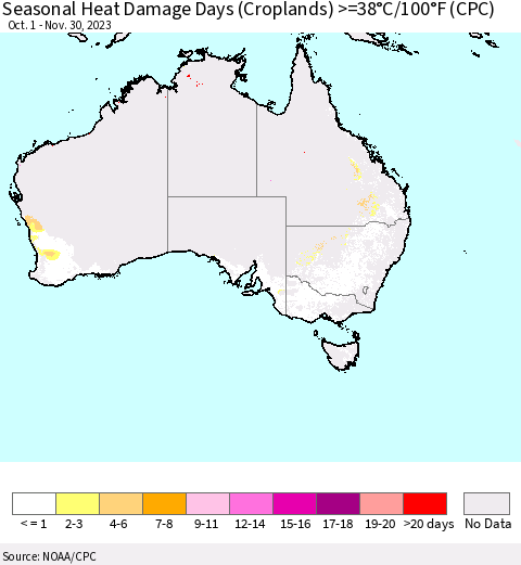 Australia Seasonal Heat Damage Days (Croplands) >=38°C/100°F (CPC) Thematic Map For 10/1/2023 - 11/30/2023