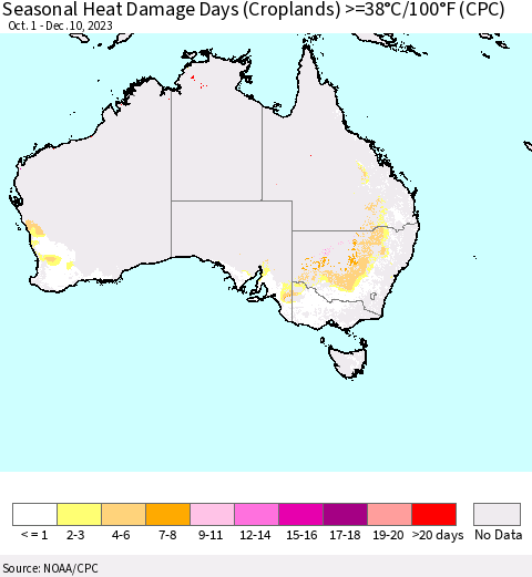 Australia Seasonal Heat Damage Days (Croplands) >=38°C/100°F (CPC) Thematic Map For 10/1/2023 - 12/10/2023