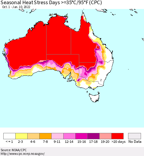 Australia Seasonal Heat Stress Days >=35°C/95°F (CPC) Thematic Map For 10/1/2021 - 1/10/2022