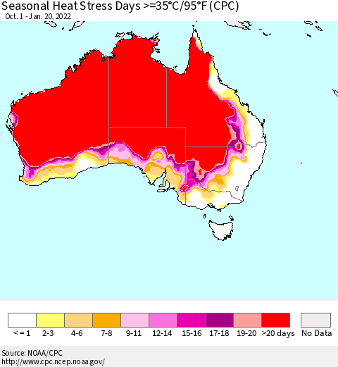Australia Seasonal Heat Stress Days >=35°C/95°F (CPC) Thematic Map For 10/1/2021 - 1/20/2022