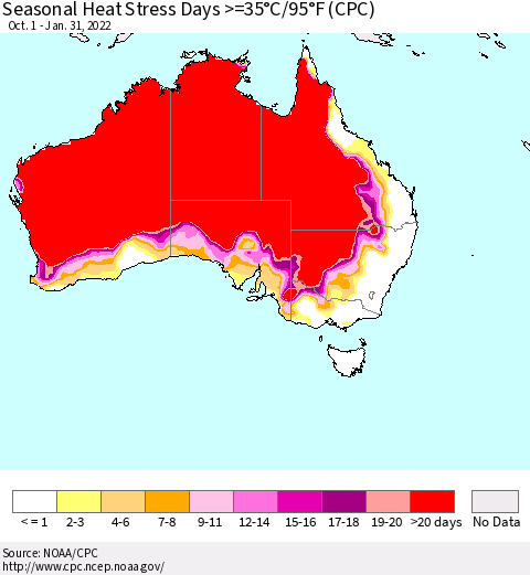 Australia Seasonal Heat Stress Days >=35°C/95°F (CPC) Thematic Map For 10/1/2021 - 1/31/2022