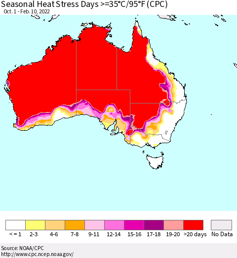 Australia Seasonal Heat Stress Days >=35°C/95°F (CPC) Thematic Map For 10/1/2021 - 2/10/2022