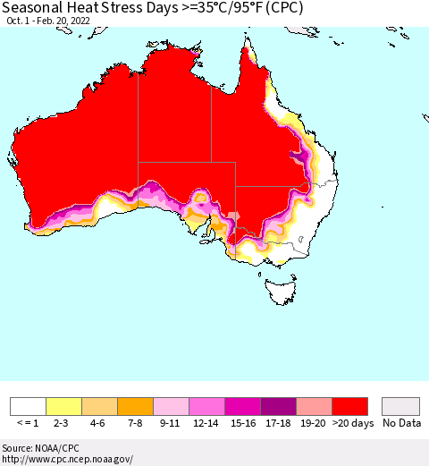 Australia Seasonal Heat Stress Days >=35°C/95°F (CPC) Thematic Map For 10/1/2021 - 2/20/2022
