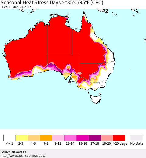 Australia Seasonal Heat Stress Days >=35°C/95°F (CPC) Thematic Map For 10/1/2021 - 3/20/2022