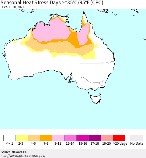 Australia Seasonal Heat Stress Days >=35°C/95°F (CPC) Thematic Map For 10/1/2021 - 10/10/2021