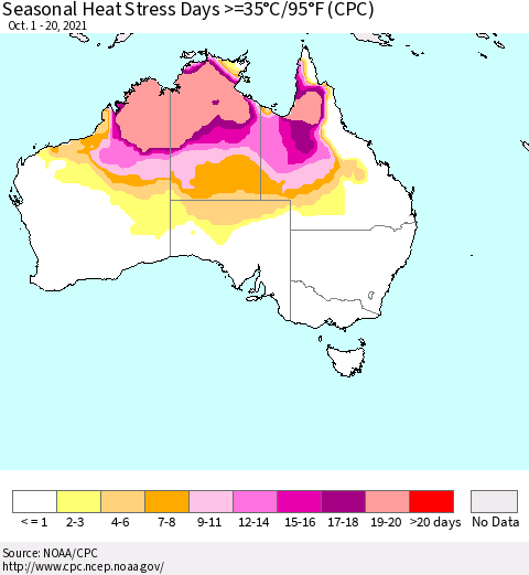 Australia Seasonal Heat Stress Days >=35°C/95°F (CPC) Thematic Map For 10/1/2021 - 10/20/2021