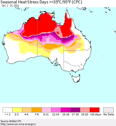Australia Seasonal Heat Stress Days >=35°C/95°F (CPC) Thematic Map For 10/1/2021 - 10/31/2021