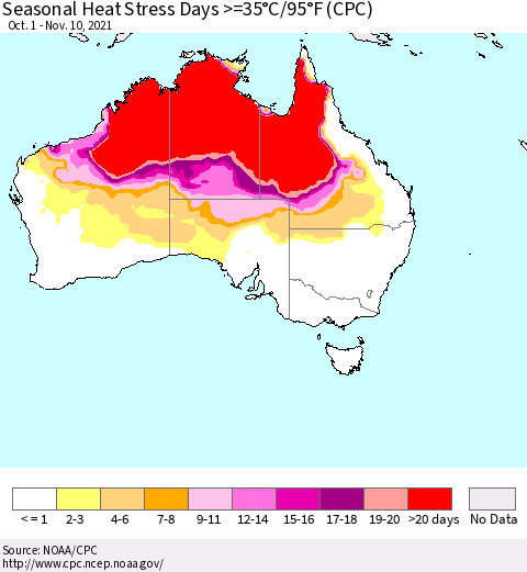 Australia Seasonal Heat Stress Days >=35°C/95°F (CPC) Thematic Map For 10/1/2021 - 11/10/2021