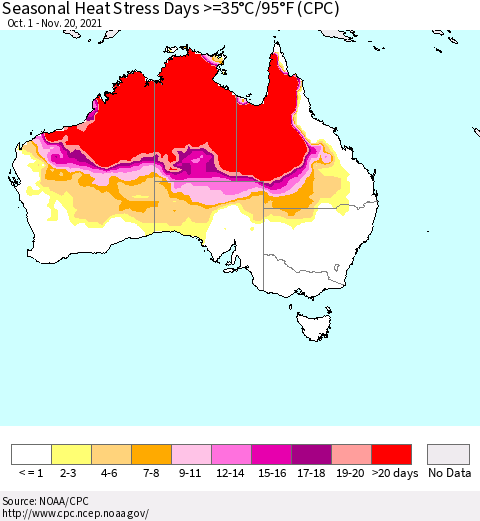 Australia Seasonal Heat Stress Days >=35°C/95°F (CPC) Thematic Map For 10/1/2021 - 11/20/2021