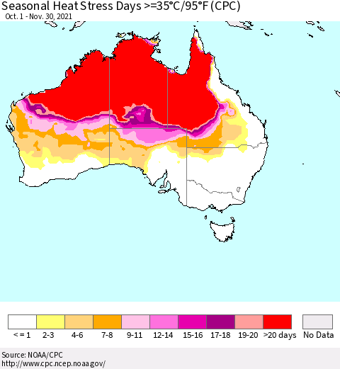 Australia Seasonal Heat Stress Days >=35°C/95°F (CPC) Thematic Map For 10/1/2021 - 11/30/2021