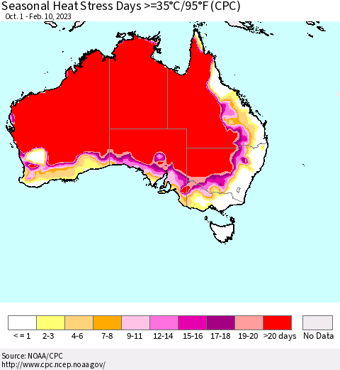 Australia Seasonal Heat Stress Days >=35°C/95°F (CPC) Thematic Map For 10/1/2022 - 2/10/2023