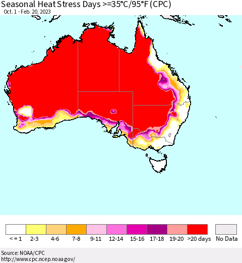 Australia Seasonal Heat Stress Days >=35°C/95°F (CPC) Thematic Map For 10/1/2022 - 2/20/2023