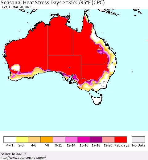 Australia Seasonal Heat Stress Days >=35°C/95°F (CPC) Thematic Map For 10/1/2022 - 3/20/2023