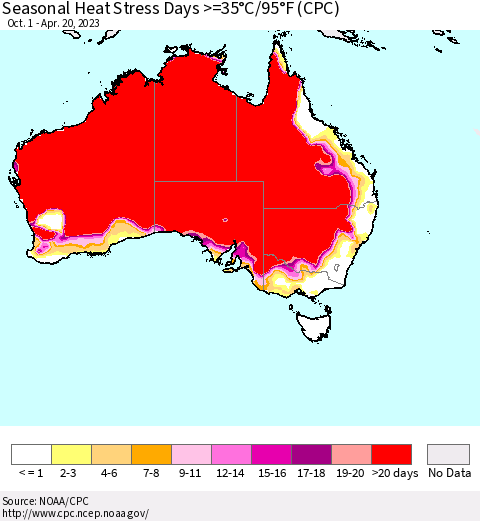 Australia Seasonal Heat Stress Days >=35°C/95°F (CPC) Thematic Map For 10/1/2022 - 4/20/2023