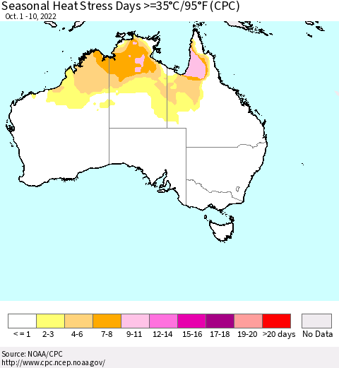 Australia Seasonal Heat Stress Days >=35°C/95°F (CPC) Thematic Map For 10/1/2022 - 10/10/2022