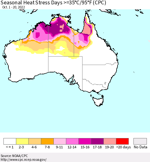 Australia Seasonal Heat Stress Days >=35°C/95°F (CPC) Thematic Map For 10/1/2022 - 10/20/2022