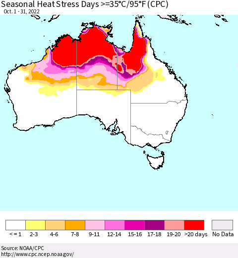 Australia Seasonal Heat Stress Days >=35°C/95°F (CPC) Thematic Map For 10/1/2022 - 10/31/2022