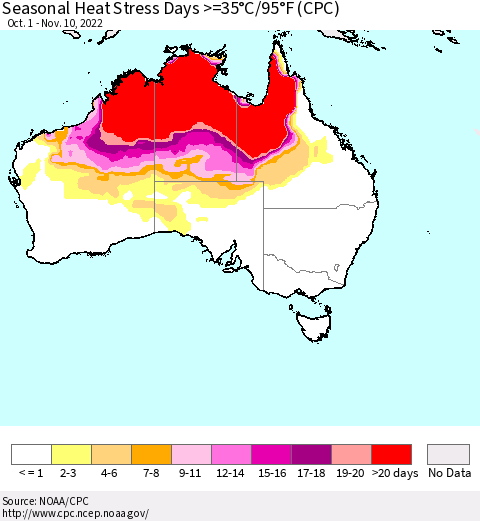 Australia Seasonal Heat Stress Days >=35°C/95°F (CPC) Thematic Map For 10/1/2022 - 11/10/2022