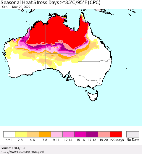 Australia Seasonal Heat Stress Days >=35°C/95°F (CPC) Thematic Map For 10/1/2022 - 11/20/2022