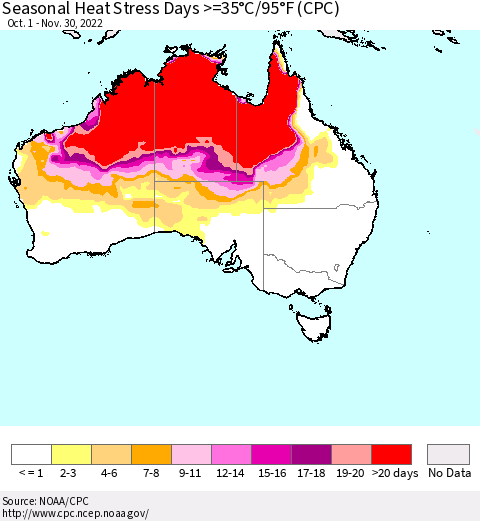 Australia Seasonal Heat Stress Days >=35°C/95°F (CPC) Thematic Map For 10/1/2022 - 11/30/2022