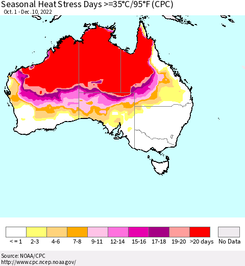 Australia Seasonal Heat Stress Days >=35°C/95°F (CPC) Thematic Map For 10/1/2022 - 12/10/2022