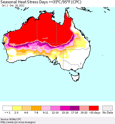 Australia Seasonal Heat Stress Days >=35°C/95°F (CPC) Thematic Map For 10/1/2022 - 12/20/2022
