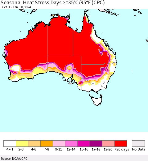 Australia Seasonal Heat Stress Days >=35°C/95°F (CPC) Thematic Map For 10/1/2023 - 1/10/2024