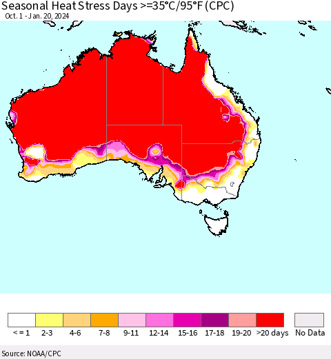 Australia Seasonal Heat Stress Days >=35°C/95°F (CPC) Thematic Map For 10/1/2023 - 1/20/2024
