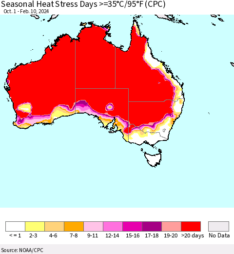 Australia Seasonal Heat Stress Days >=35°C/95°F (CPC) Thematic Map For 10/1/2023 - 2/10/2024