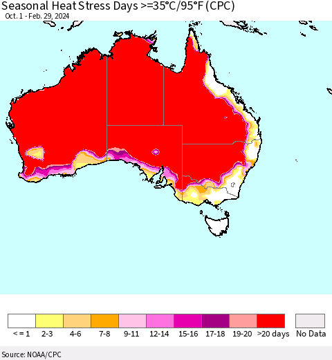 Australia Seasonal Heat Stress Days >=35°C/95°F (CPC) Thematic Map For 10/1/2023 - 2/29/2024