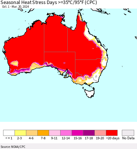 Australia Seasonal Heat Stress Days >=35°C/95°F (CPC) Thematic Map For 10/1/2023 - 3/20/2024