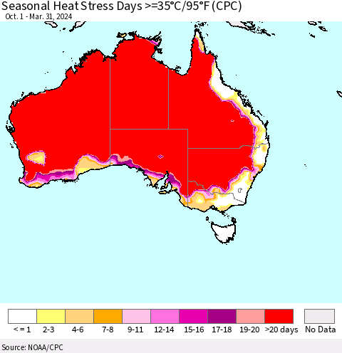 Australia Seasonal Heat Stress Days >=35°C/95°F (CPC) Thematic Map For 10/1/2023 - 3/31/2024