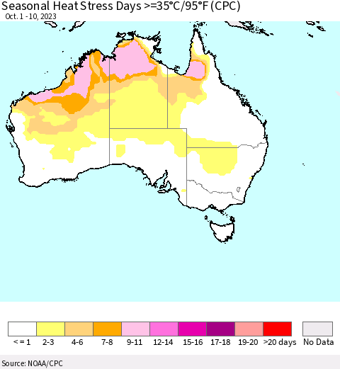 Australia Seasonal Heat Stress Days >=35°C/95°F (CPC) Thematic Map For 10/1/2023 - 10/10/2023