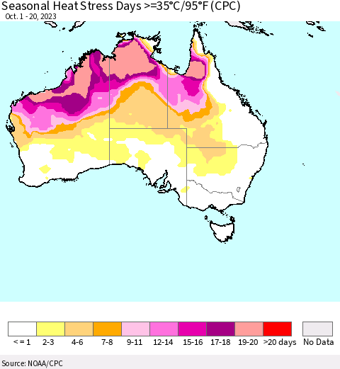 Australia Seasonal Heat Stress Days >=35°C/95°F (CPC) Thematic Map For 10/1/2023 - 10/20/2023