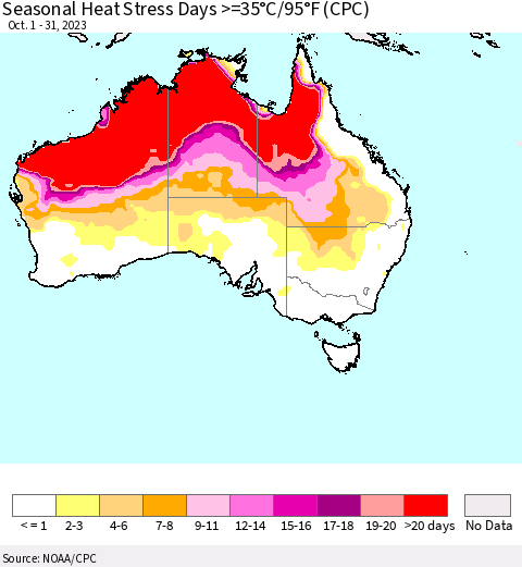 Australia Seasonal Heat Stress Days >=35°C/95°F (CPC) Thematic Map For 10/1/2023 - 10/31/2023