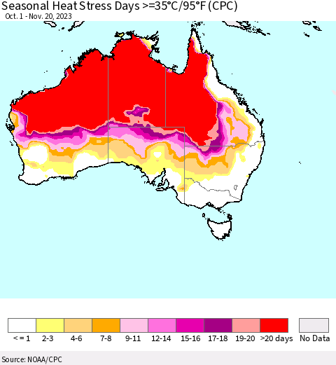 Australia Seasonal Heat Stress Days >=35°C/95°F (CPC) Thematic Map For 10/1/2023 - 11/20/2023