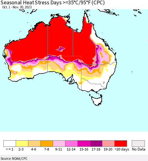 Australia Seasonal Heat Stress Days >=35°C/95°F (CPC) Thematic Map For 10/1/2023 - 11/30/2023
