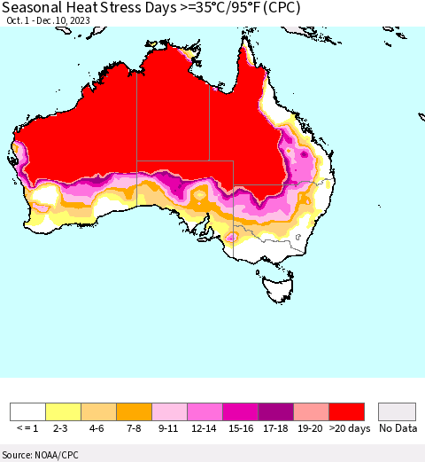 Australia Seasonal Heat Stress Days >=35°C/95°F (CPC) Thematic Map For 10/1/2023 - 12/10/2023