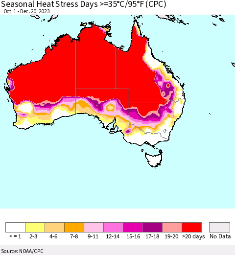 Australia Seasonal Heat Stress Days >=35°C/95°F (CPC) Thematic Map For 10/1/2023 - 12/20/2023