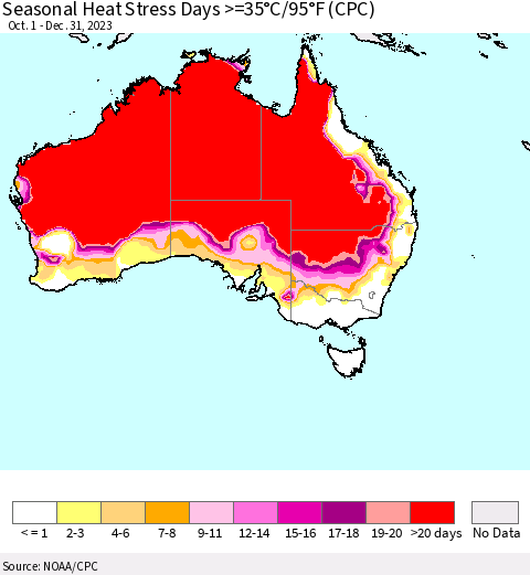 Australia Seasonal Heat Stress Days >=35°C/95°F (CPC) Thematic Map For 10/1/2023 - 12/31/2023
