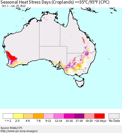 Australia Seasonal Heat Stress Days (Croplands) >=35°C/95°F (CPC) Thematic Map For 10/1/2021 - 1/20/2022