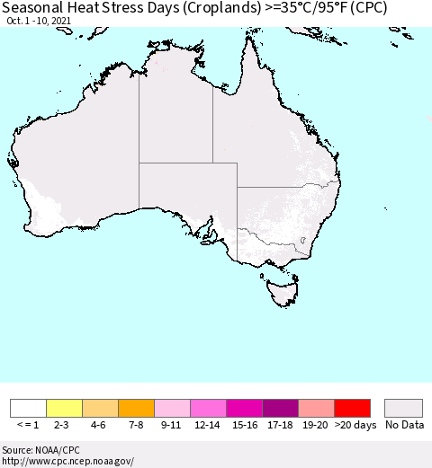 Australia Seasonal Heat Stress Days (Croplands) >=35°C/95°F (CPC) Thematic Map For 10/1/2021 - 10/10/2021
