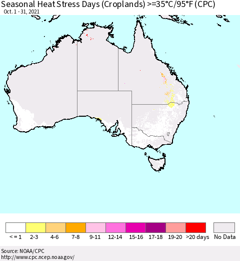 Australia Seasonal Heat Stress Days (Croplands) >=35°C/95°F (CPC) Thematic Map For 10/1/2021 - 10/31/2021